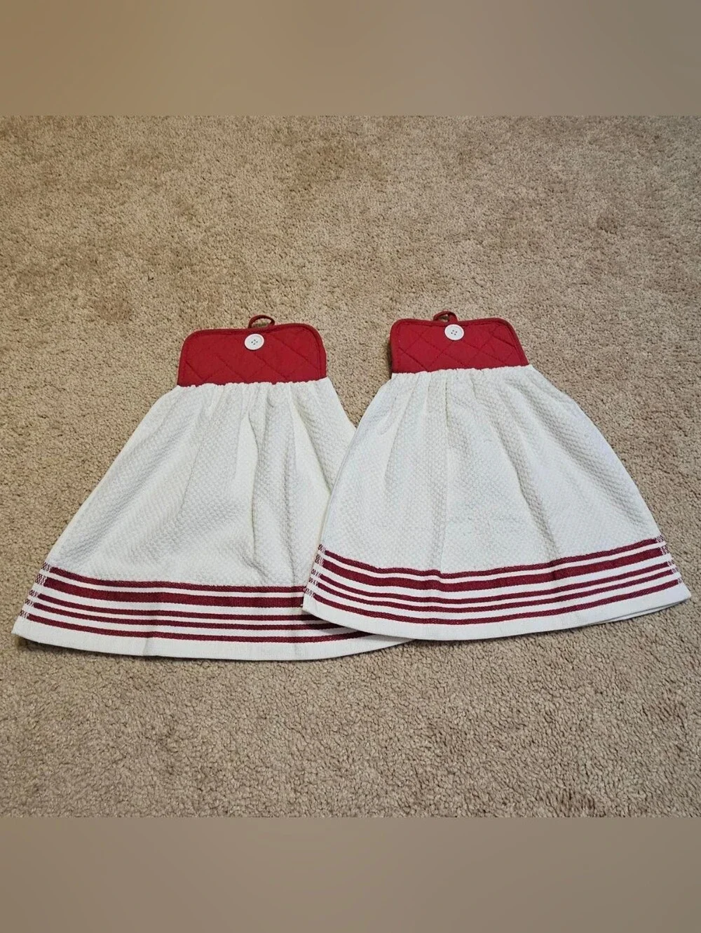 2 Handcrafted Towels Attached To Potholders | Red + White | Stripes